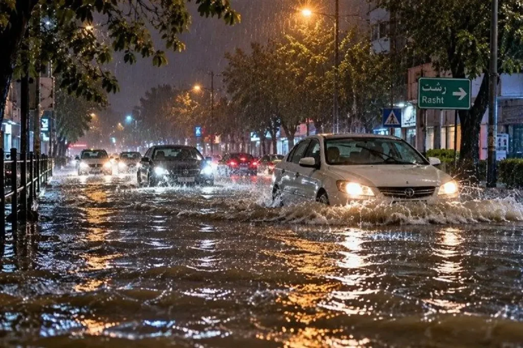 رشت زیر بارش شدید باران؛ آبگرفتگی خیابانها و کندی تردد