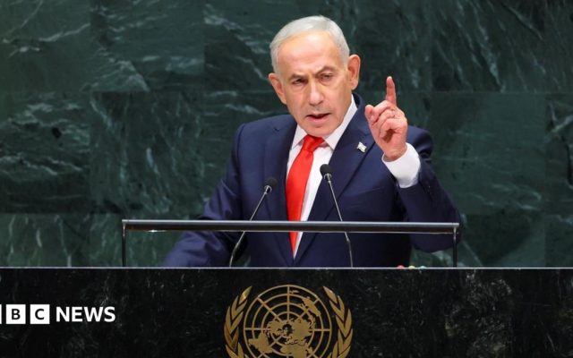 Netanyahu defends Israeli military action as delegates walk out before UN speech