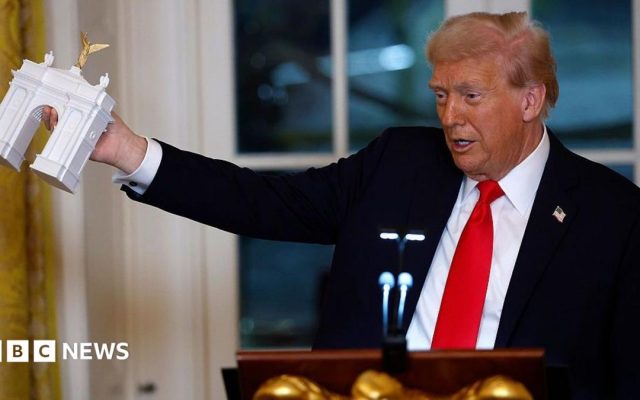 Trump says triumphal arch will be military complex with drones and snipers