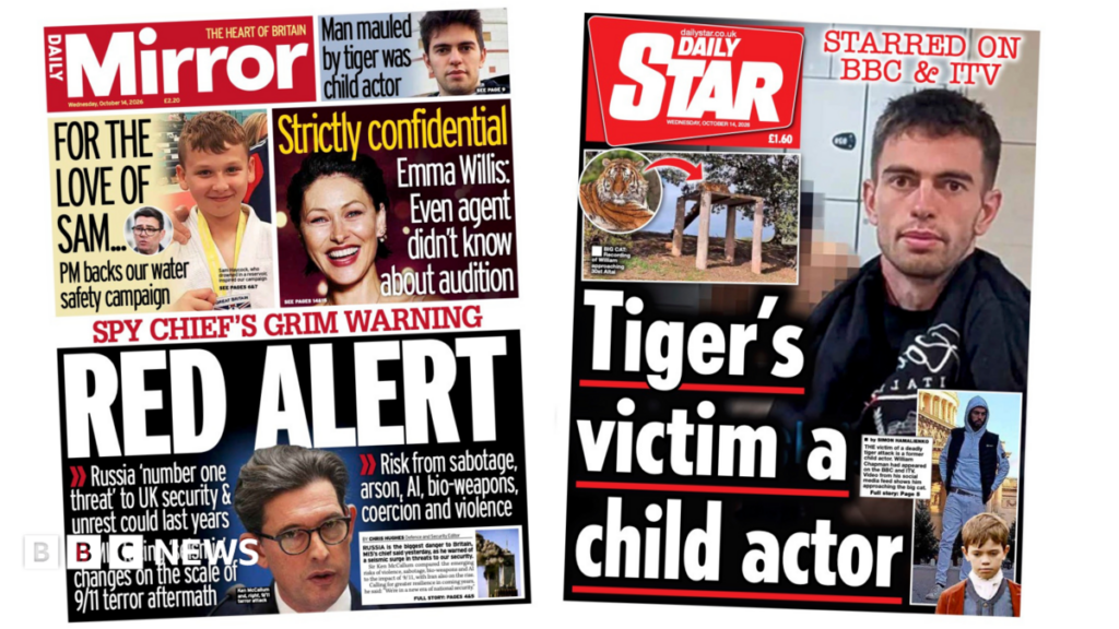 The Papers: 'Spy chief's grim warning' and 'tiger victim was child actor'