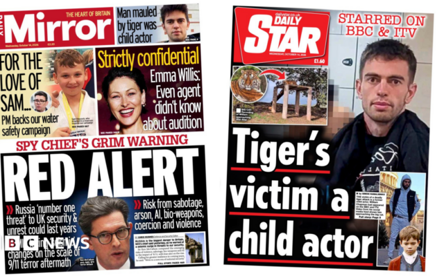 The Papers: 'Spy chief's grim warning' and 'tiger victim was child actor'