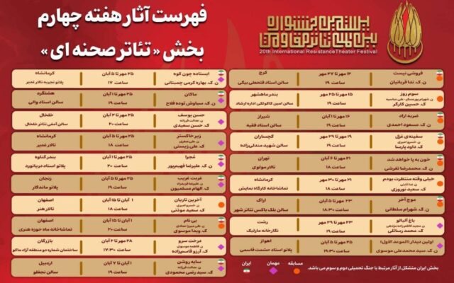 جدول آثار هفته چهارم منتشر شد/ جشنواره تئاتر مقاومت خبر داد